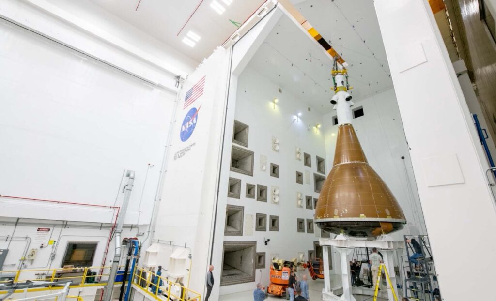 The Orion Environmental Test Article with Launch Abort System installed moves to the Reverberant Acoustic Test Facility, the most powerful spacecraft acoustic test chamber in the world, on Sept. 9, 2024, at NASA’s Neil Armstrong Test Facility in Sandusky, Ohio.